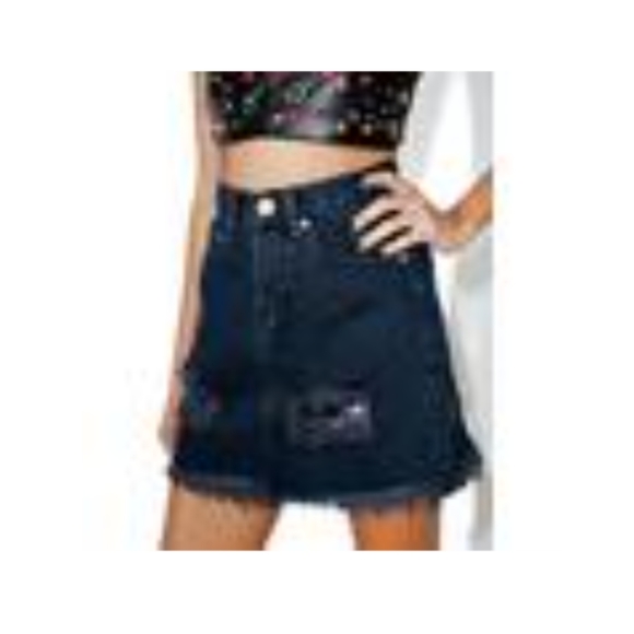 GLAMOROUS Jeans Dolls Kill Distressed Denim Mini Skirt Peekaboo Purple Sequins - Picture 8 of 8